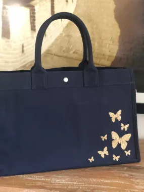 East West Bag: Navy with Gold Glitter Scatter Butterflies