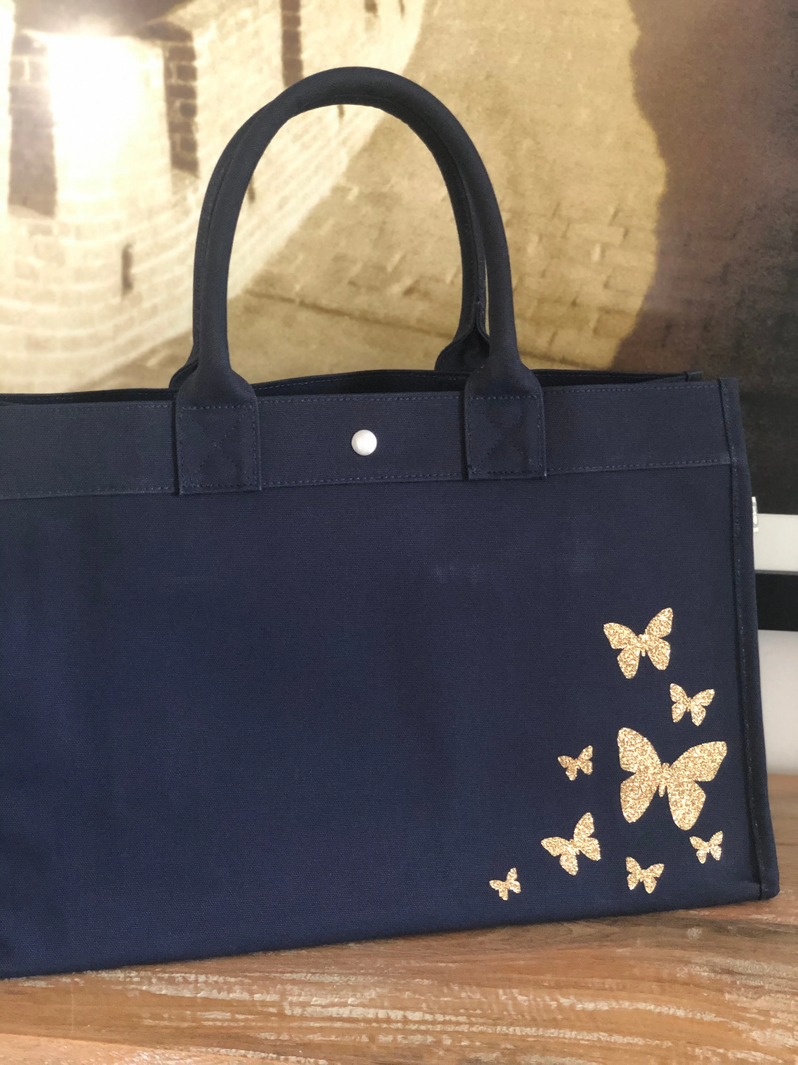 East West Bag: Navy with Gold Glitter Scatter Butterflies