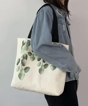 Elegant White Greenery Print Canvas Satchel Handbag LY1765