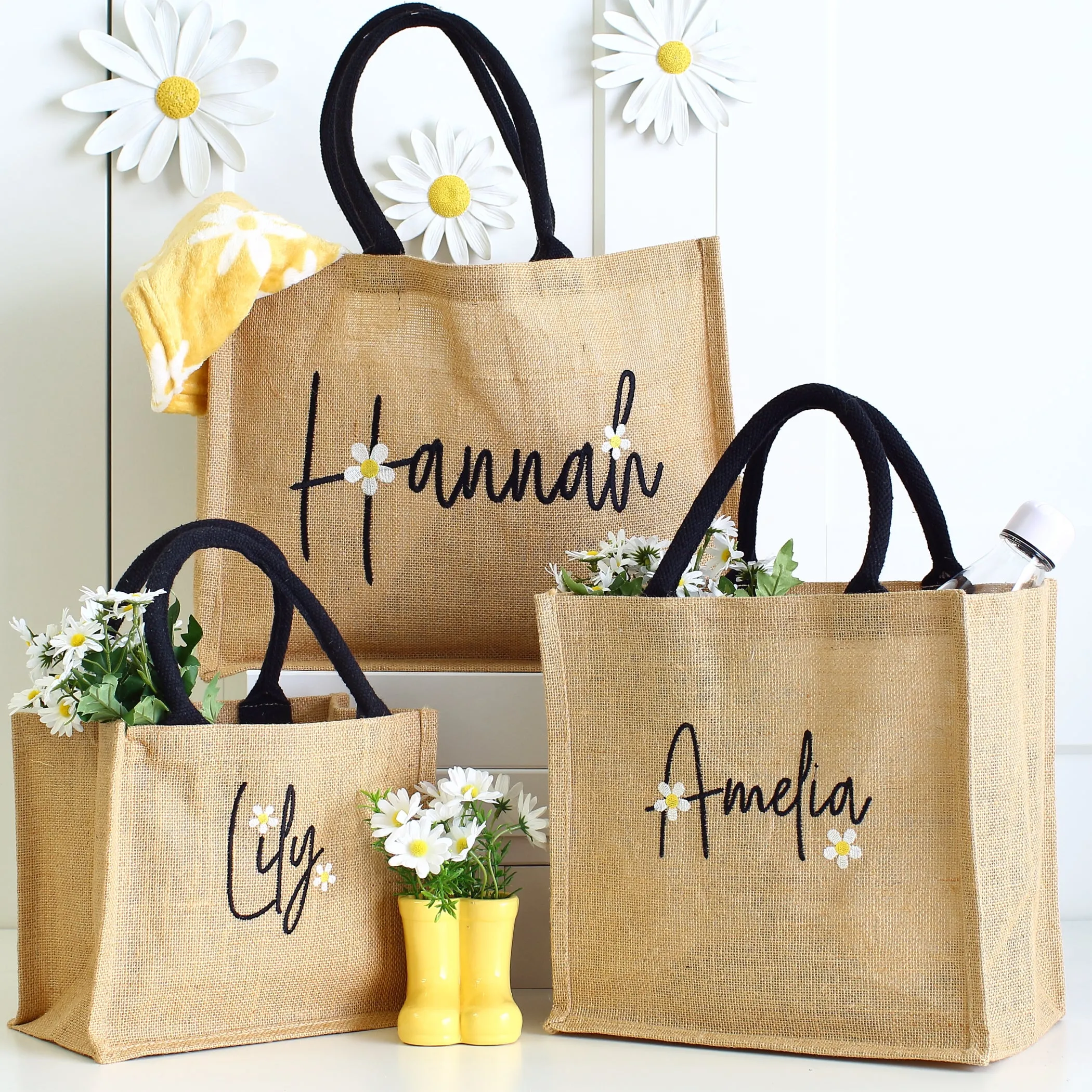 Embroidered Daisy Tote Bags - 3 sizes