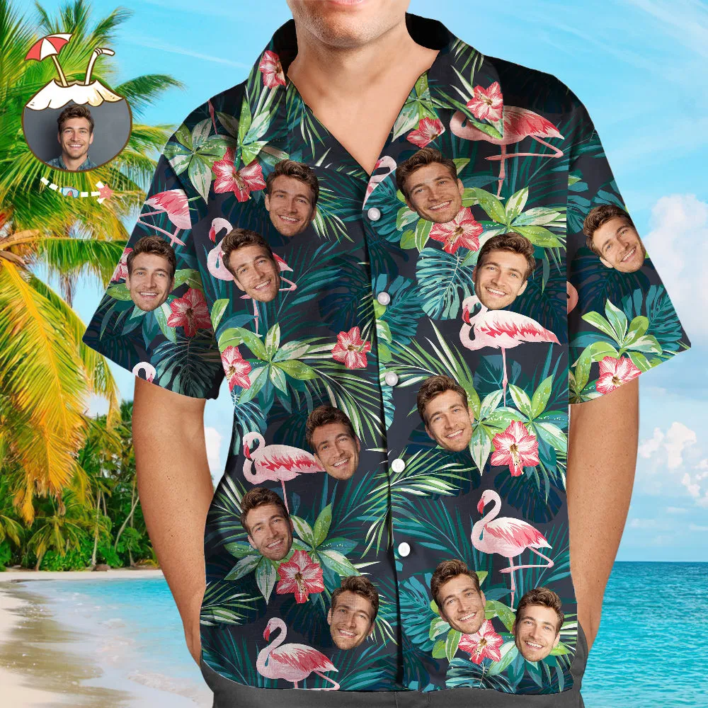 Face on Shirts Custom Hawaiian Shirt with Face Leaves & Flamingo Button Down Shirts