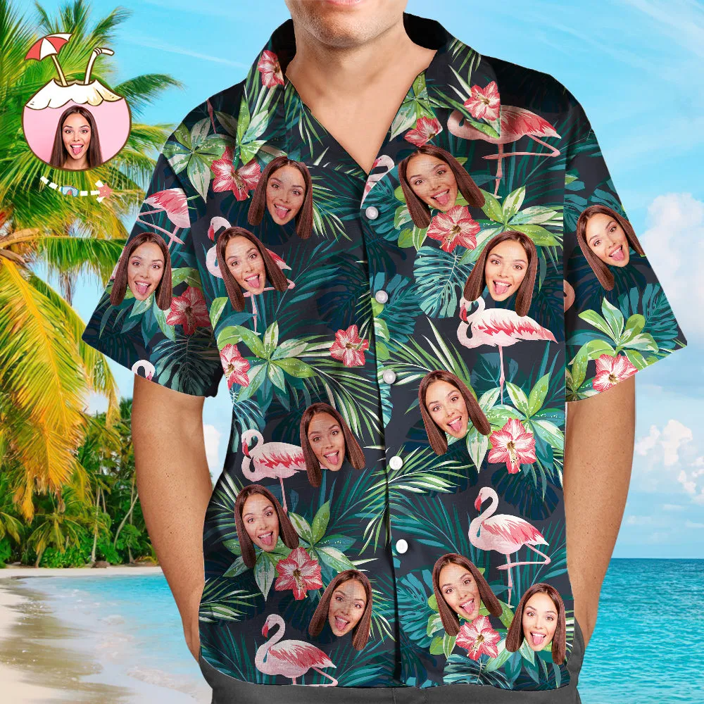 Face on Shirts Custom Hawaiian Shirt with Face Leaves & Flamingo Button Down Shirts