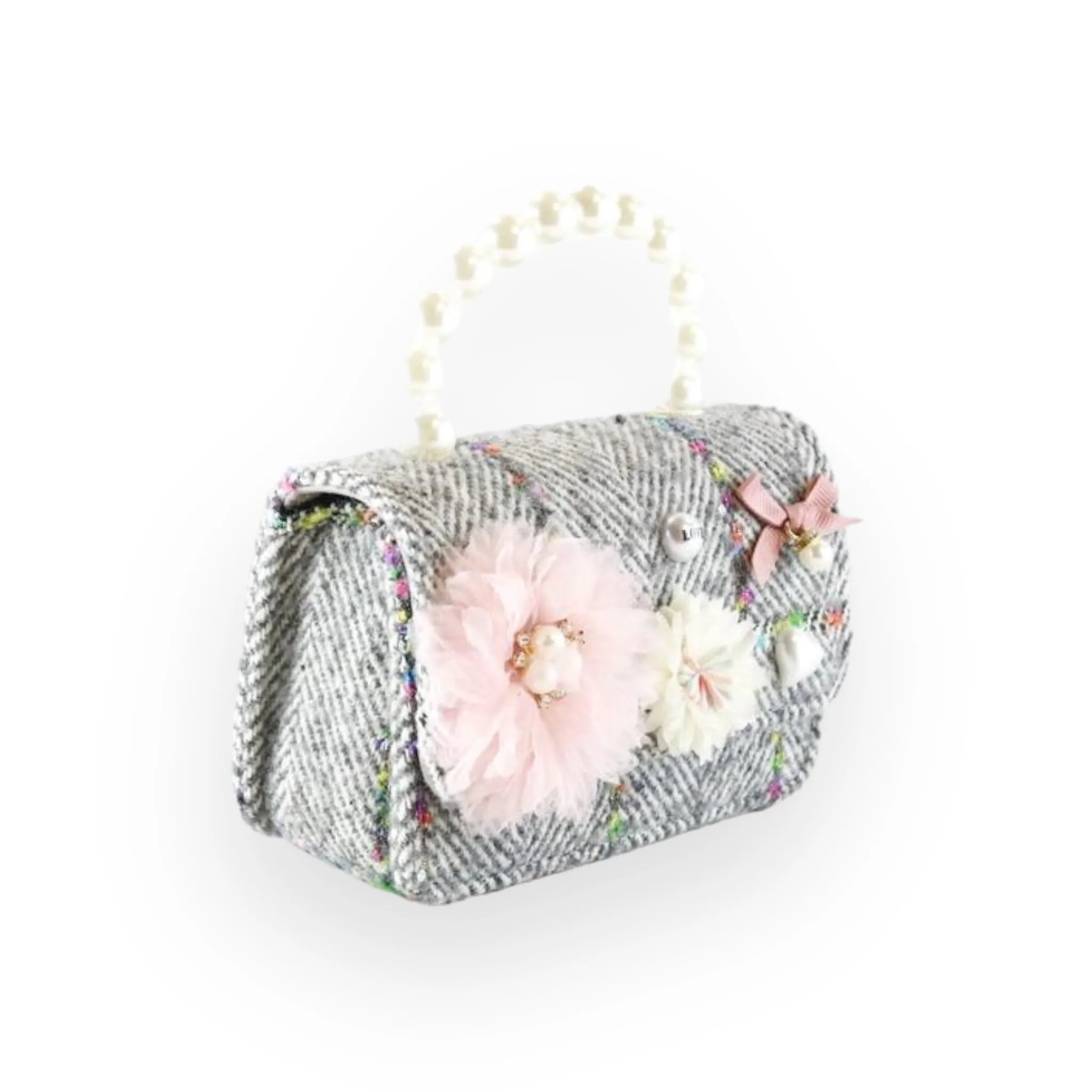 Floral Appliques Tweed Purse - Grey