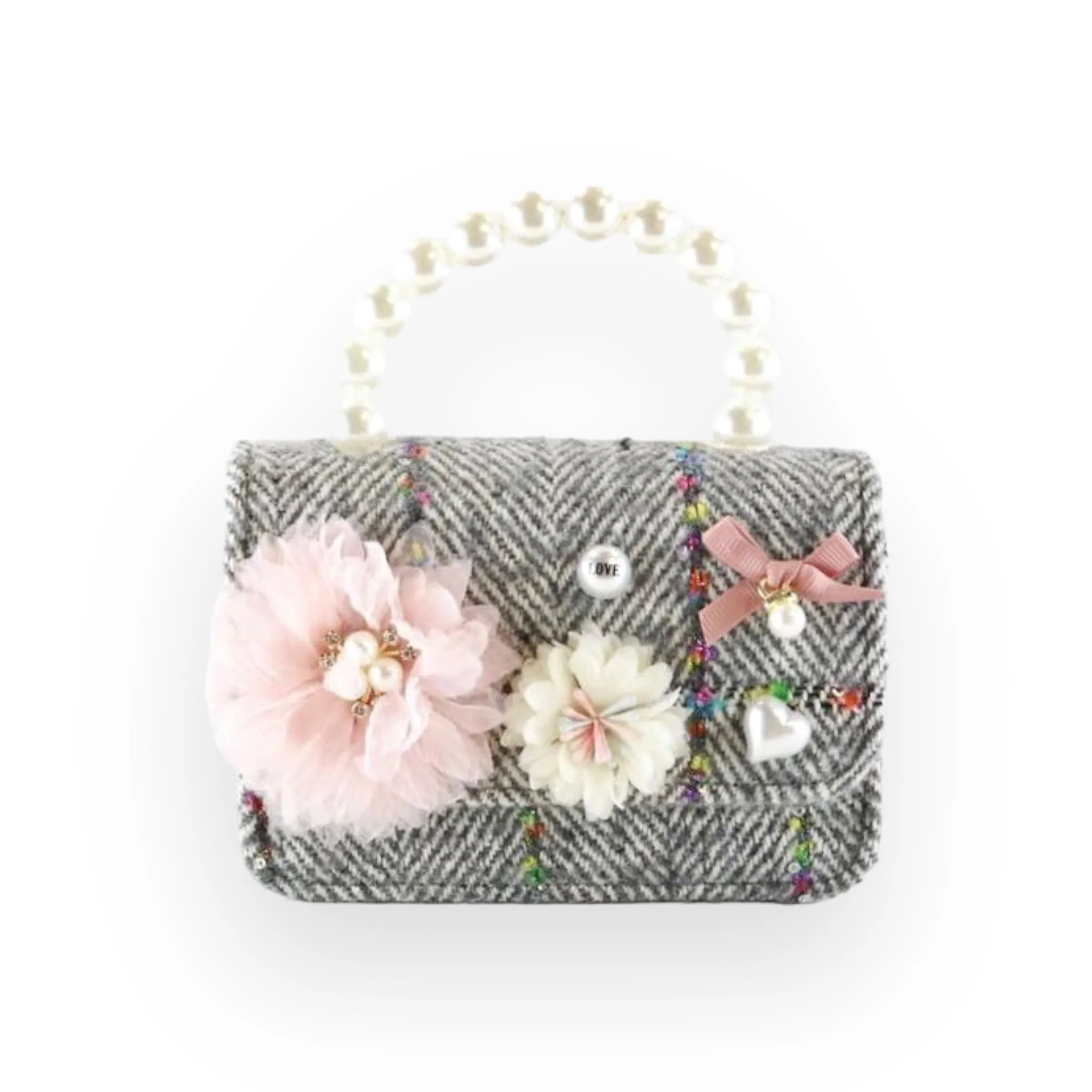 Floral Appliques Tweed Purse - Grey