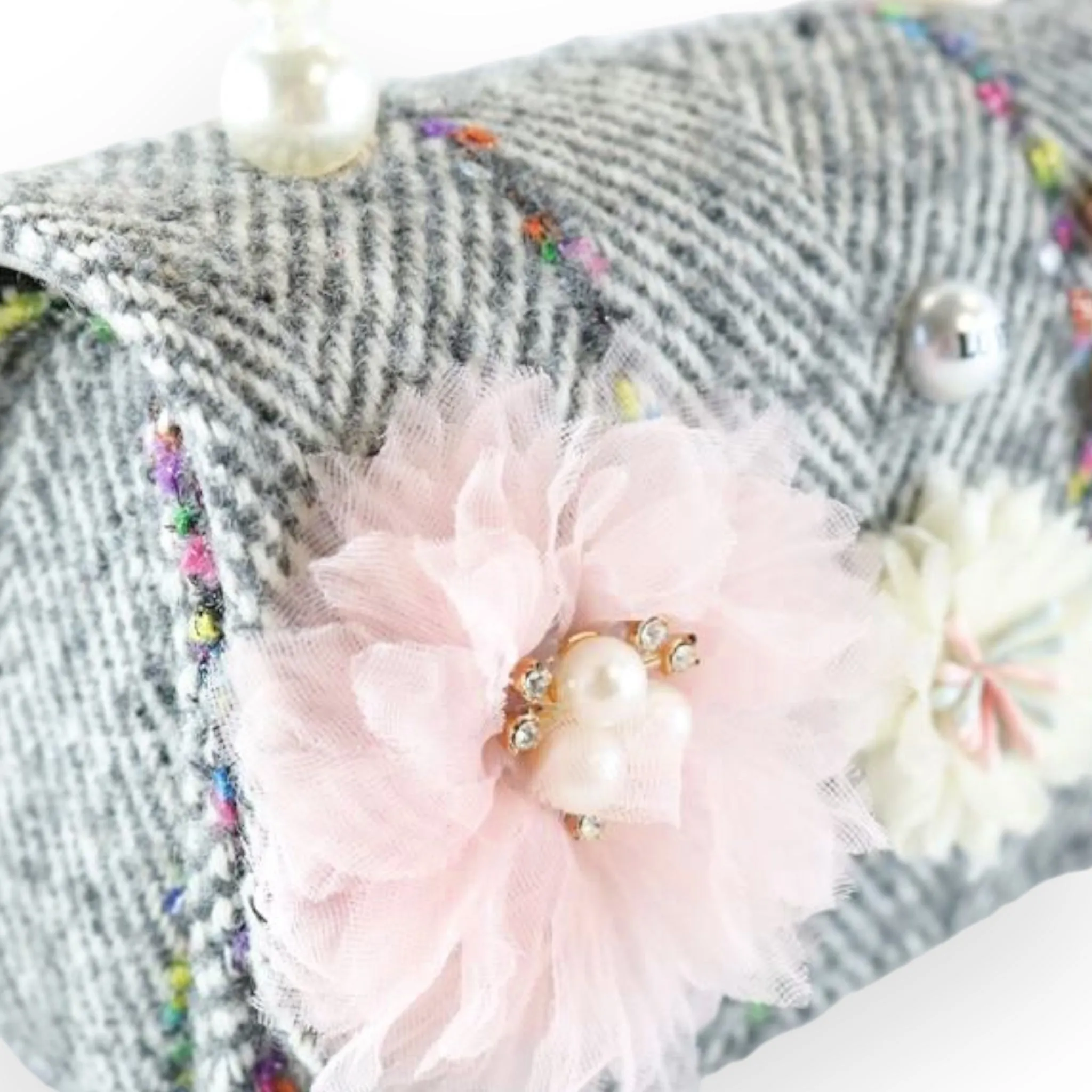 Floral Appliques Tweed Purse - Grey