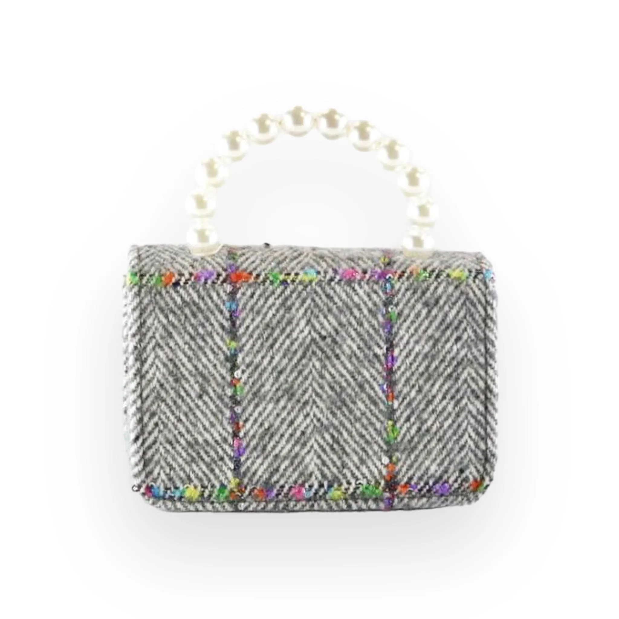 Floral Appliques Tweed Purse - Grey