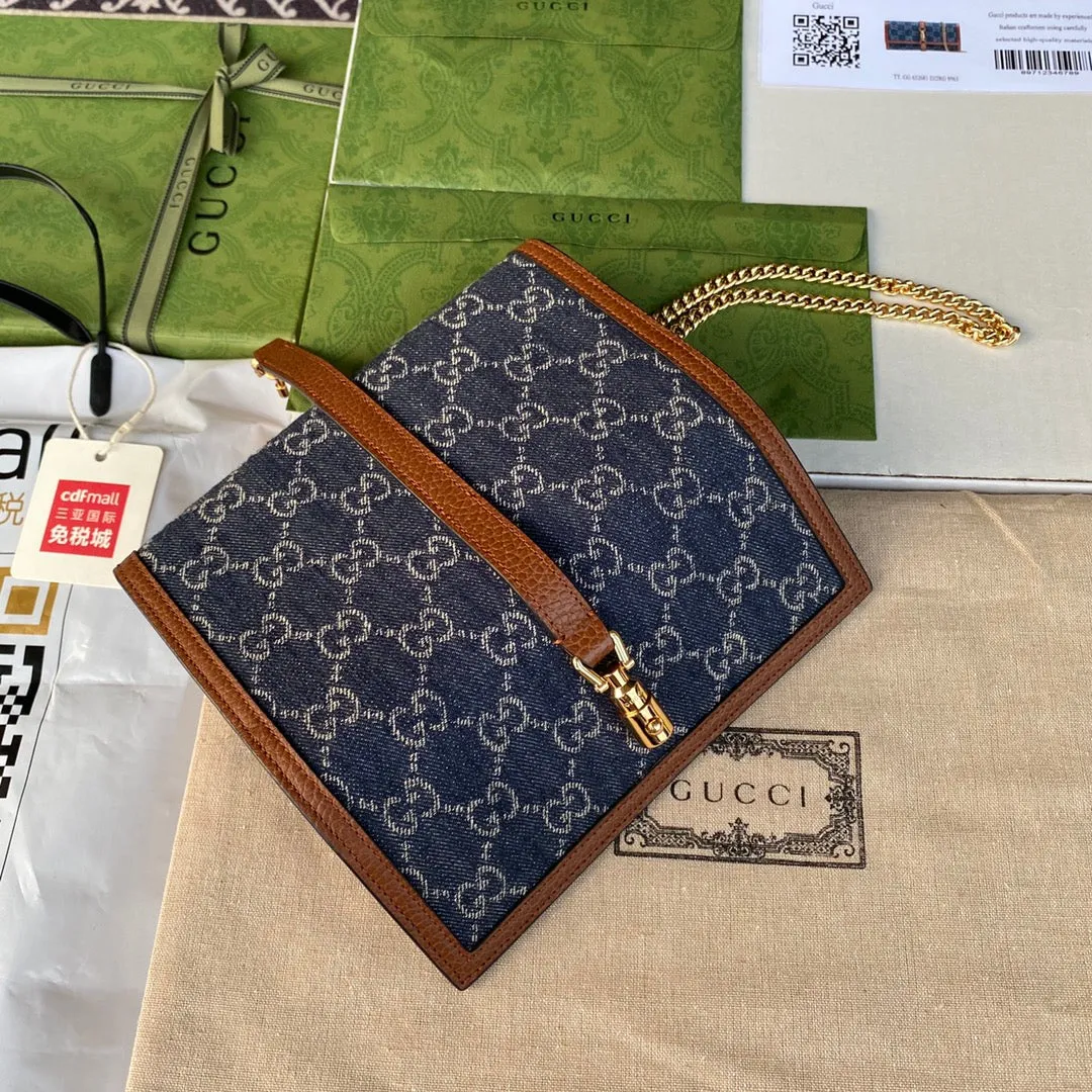 gg Jackie 1961 Chain Wallet Dark Blue And Ivory Eco Washed Organic gg Jacquard Denim For Women 7.5in/19cm 652681 2KQgg 8375