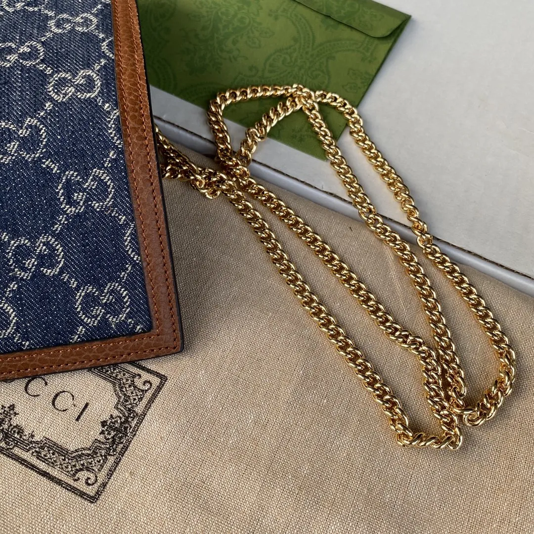 gg Jackie 1961 Chain Wallet Dark Blue And Ivory Eco Washed Organic gg Jacquard Denim For Women 7.5in/19cm 652681 2KQgg 8375