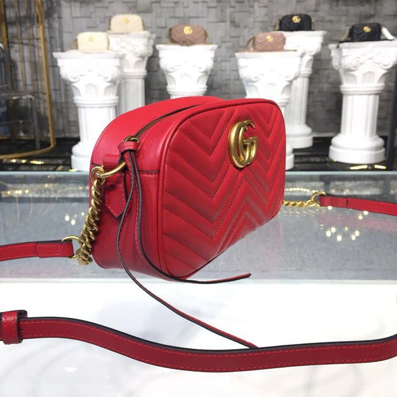 gg Marmont Small Matelassé Shoulder Bag Hibiscus Red Matelassé Chevron For Women 9.5in/24cm gg 447632 DTD1T 6433