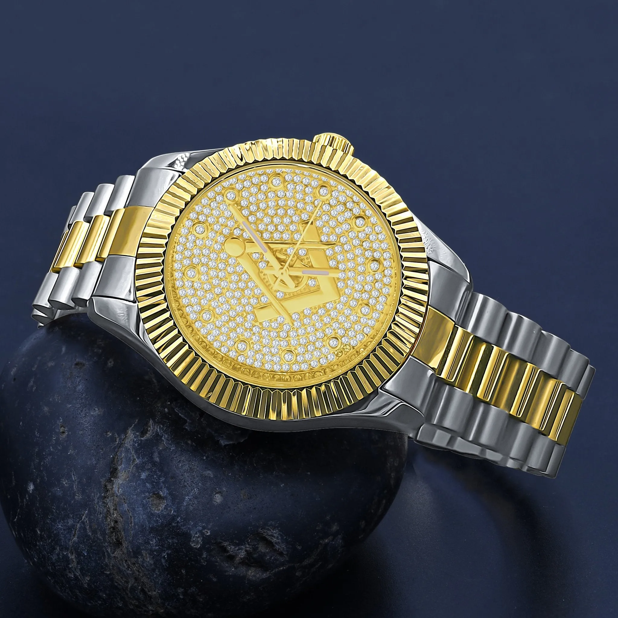 Gold & Silver Masonic Iced Out Metal Watch