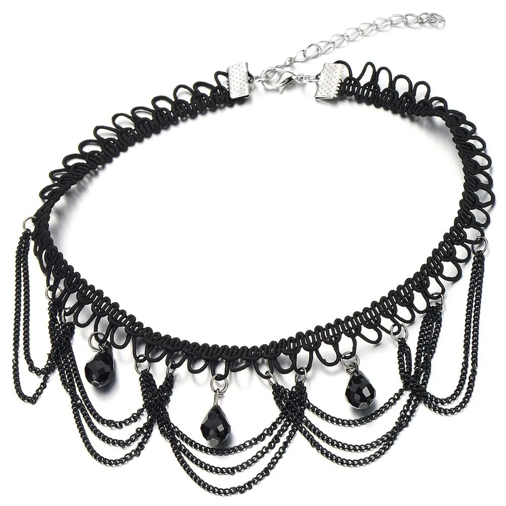 Gothic Style Ladies Black Choker Necklace with Black Teardrop Beads Charm Pendant