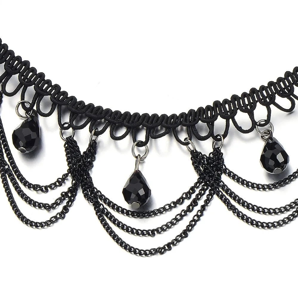 Gothic Style Ladies Black Choker Necklace with Black Teardrop Beads Charm Pendant