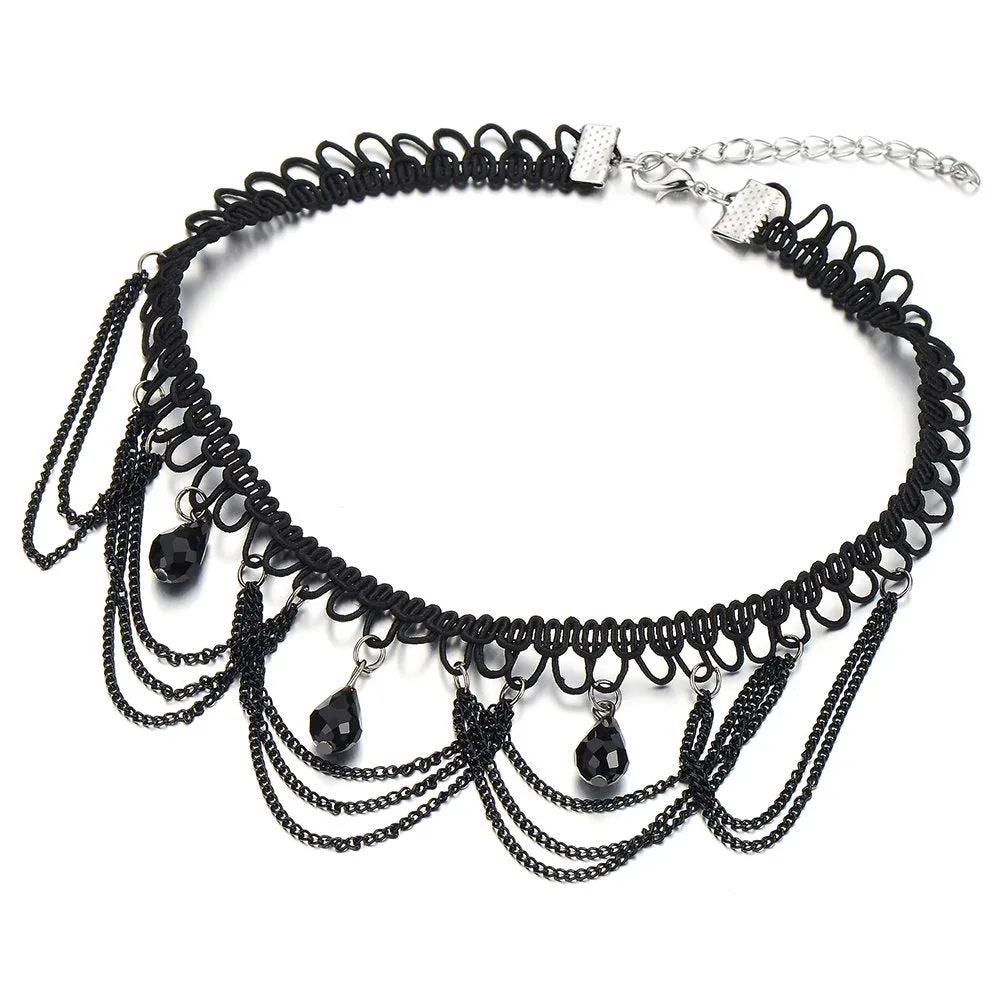 Gothic Style Ladies Black Choker Necklace with Black Teardrop Beads Charm Pendant