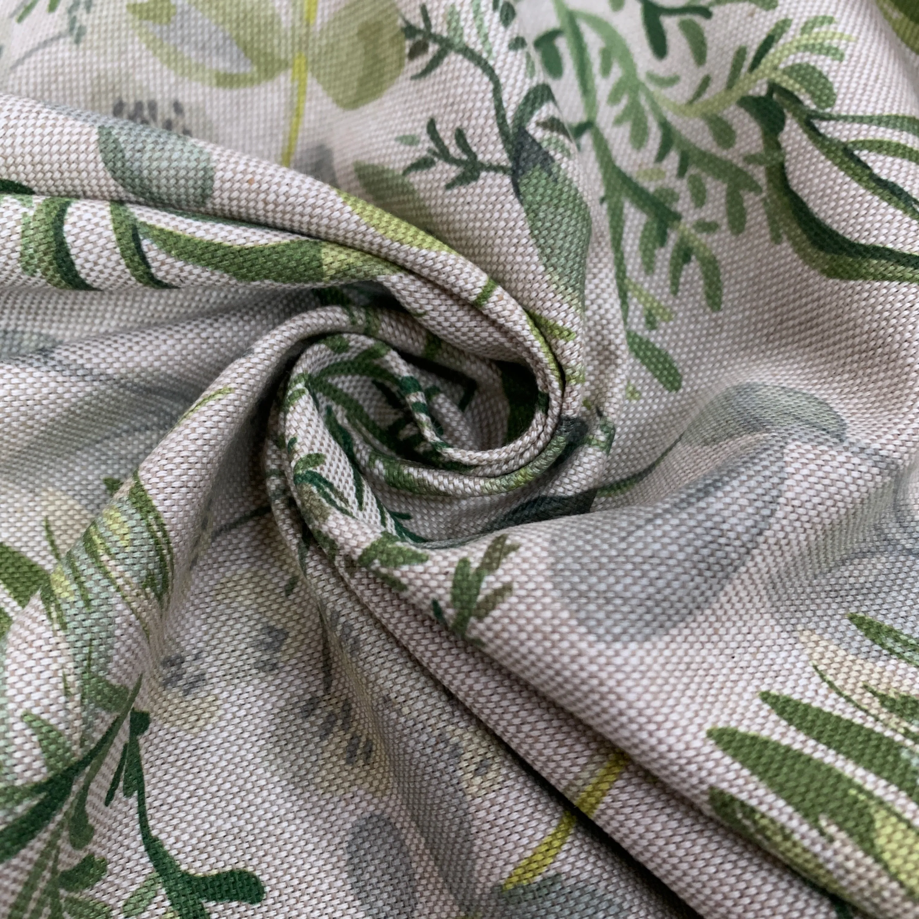 Green & Grey Floral Printed 'Linen' Fabric