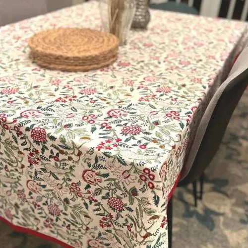 Green  Block Print Tablecloth, Green and Blue Table decor, Green Table linen, Holiday Table Decor, Christmas Decoration For Home