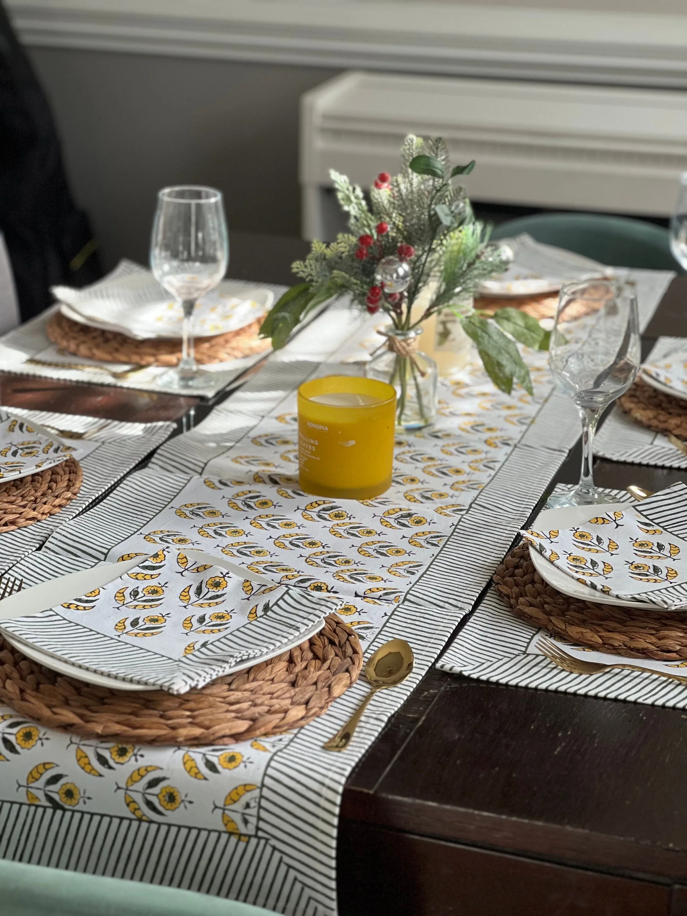 Hand block print table runner, Fall decor, Placemats with napkins set Cotton napkins, Home decor, Dining table decor