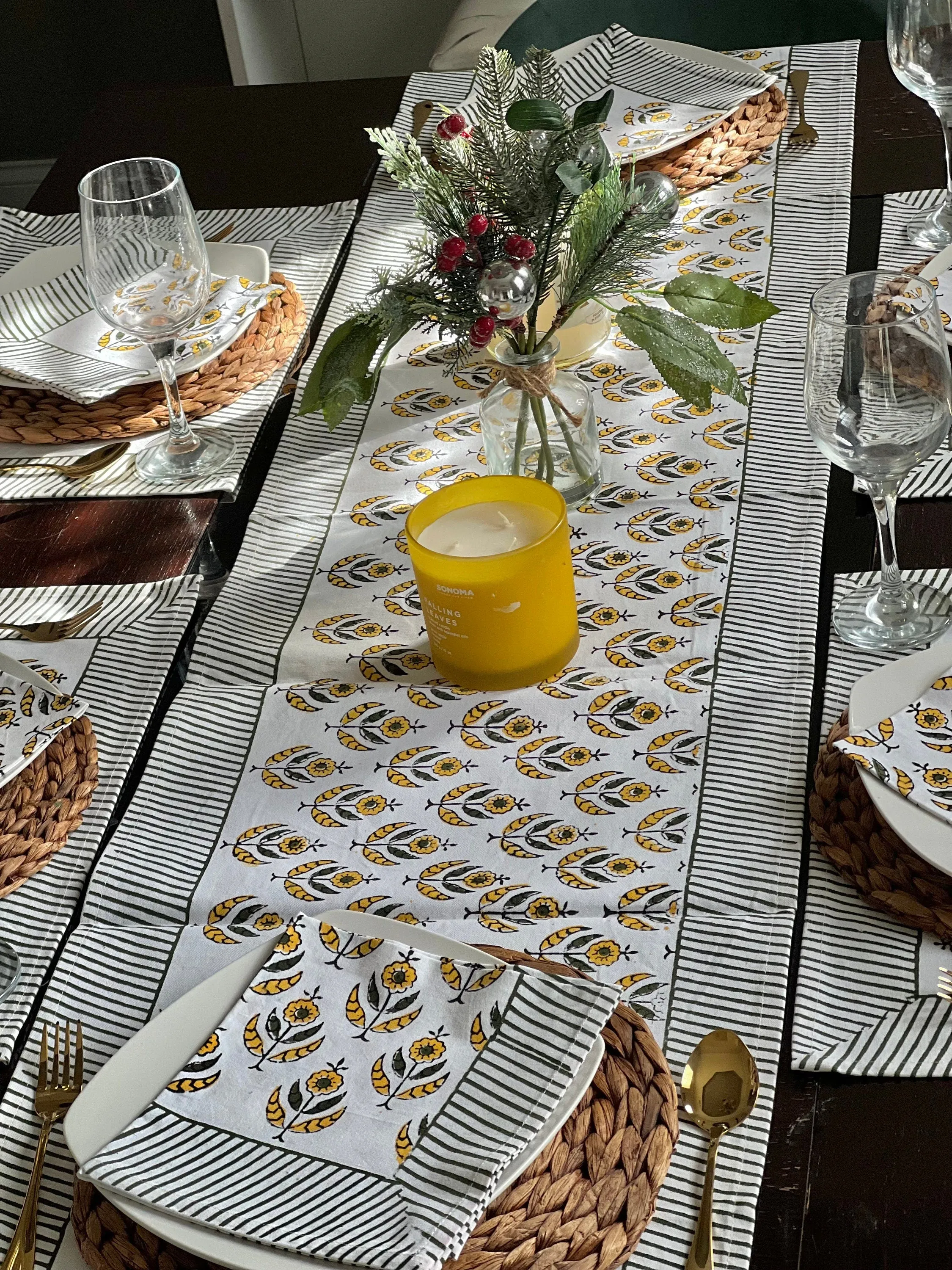 Hand block print table runner, Fall decor, Placemats with napkins set Cotton napkins, Home decor, Dining table decor