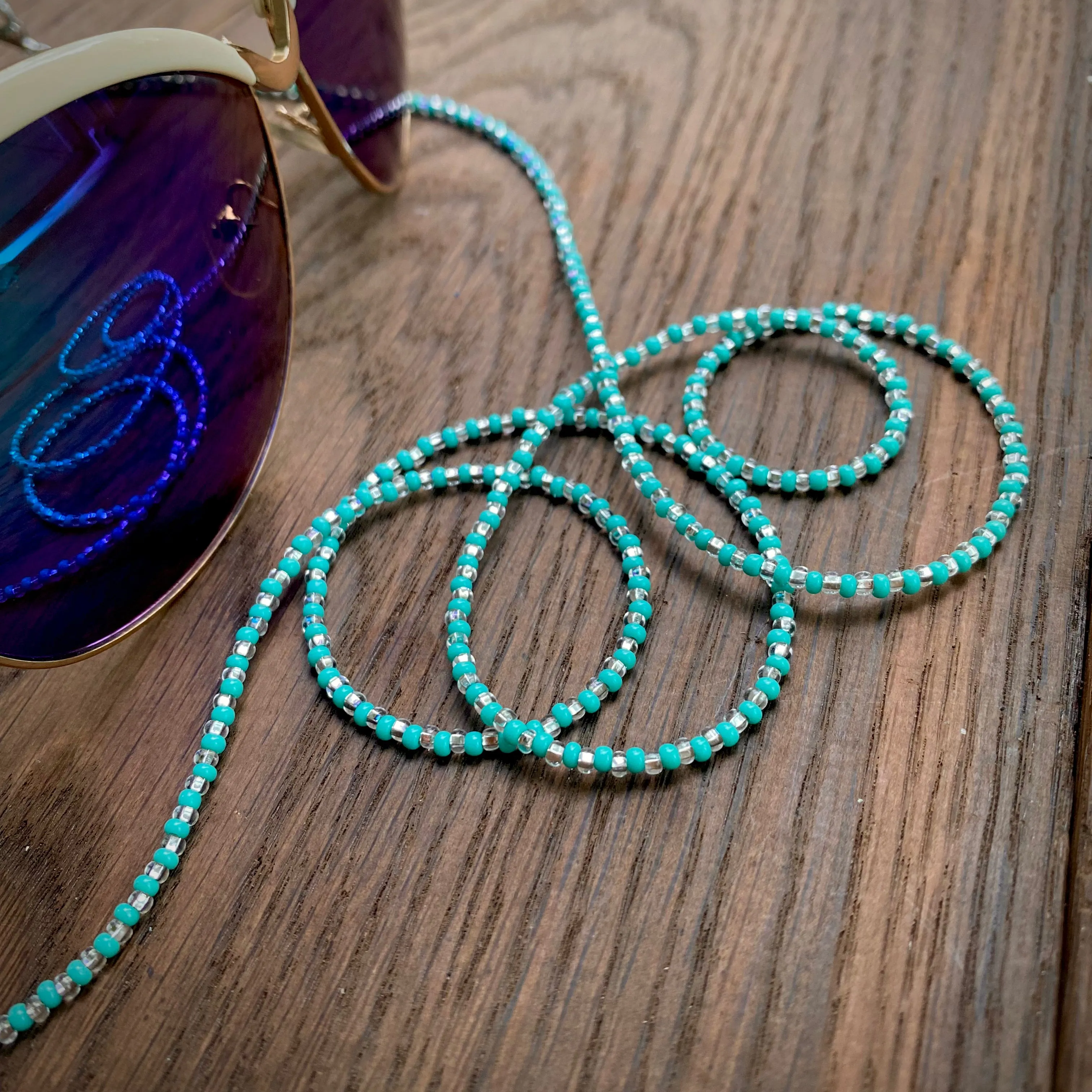 Handmade Dainty Bohemian Seed Beaded Glasses Chain in boho hippie style