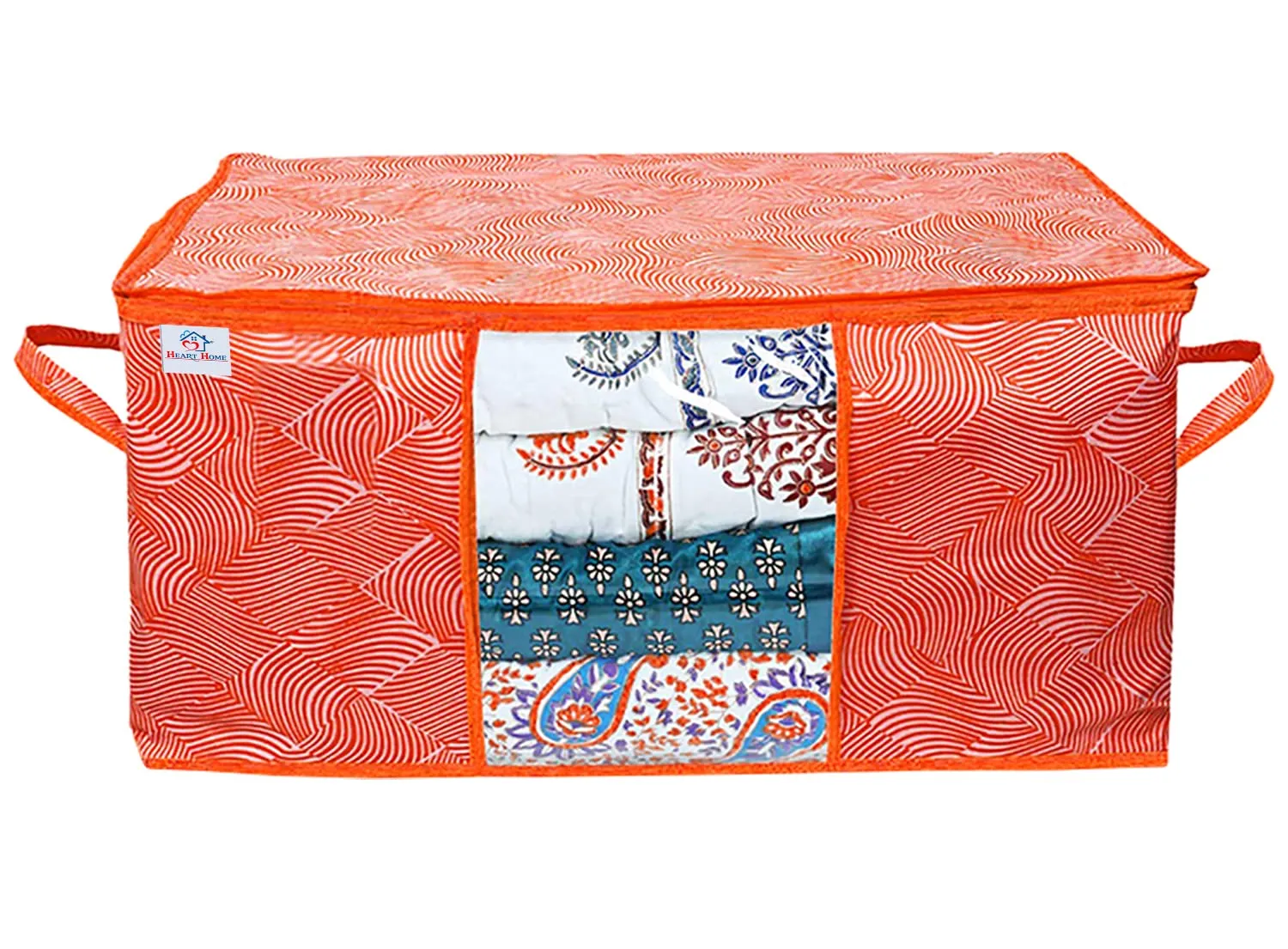 Heart Home Lahariya Design Non-woven Foldable Underbed/Storage Bag/Wardrobe Organizer With Transparent Window- Pack of 12 (Orange)-44HH0507