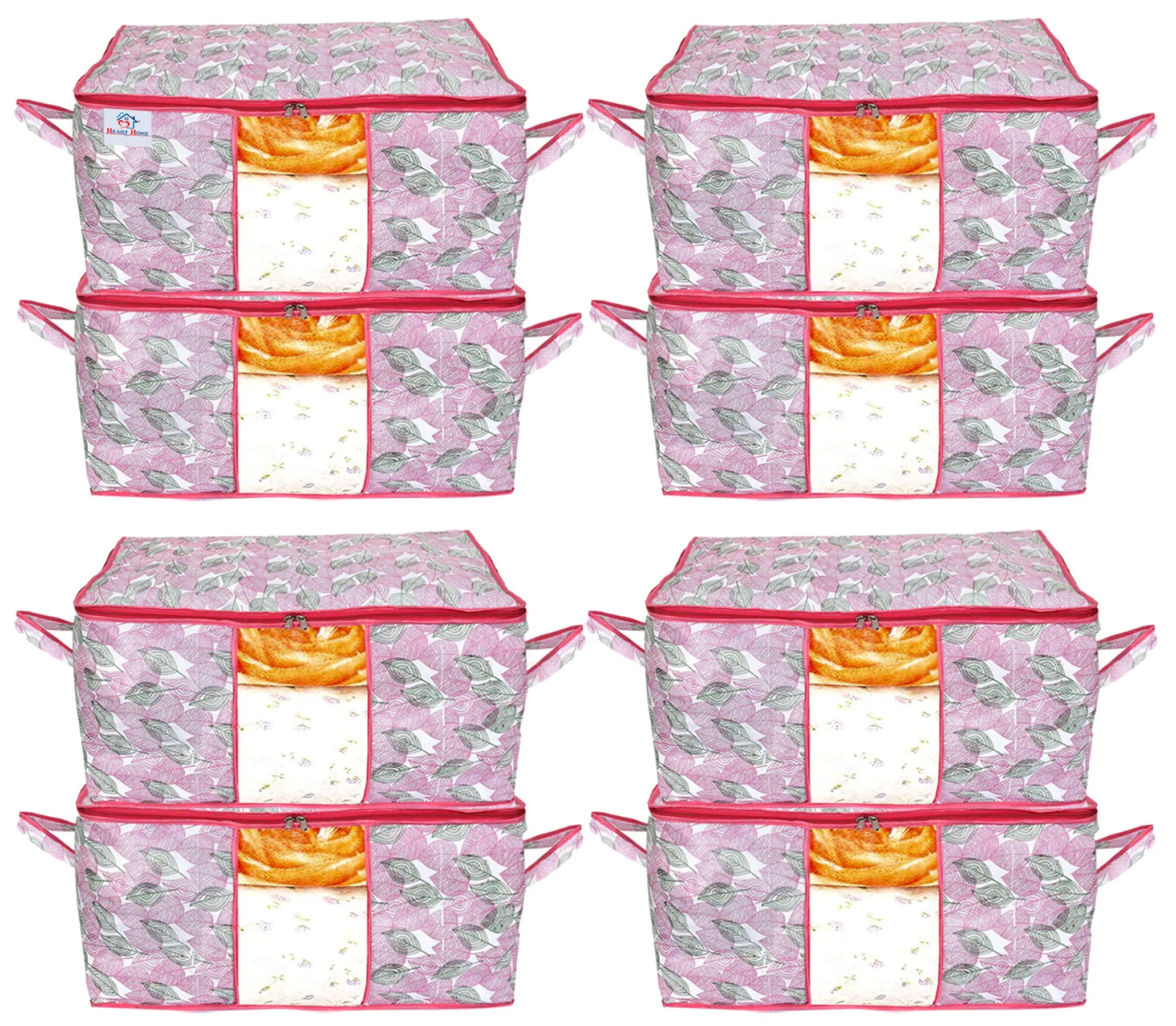 Heart Home Metalic Leafy Print Non Woven 8 Pieces Underbed Storage Bag,Cloth Organiser,Blanket Cover with Transparent Window (Pink)-HHEART16623