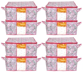 Heart Home Metalic Leafy Print Non Woven 8 Pieces Underbed Storage Bag,Cloth Organiser,Blanket Cover with Transparent Window (Pink)-HHEART16623