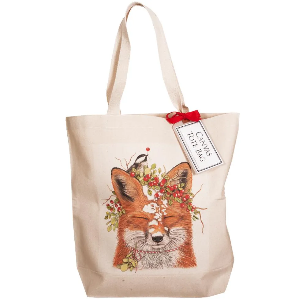 Holiday Fox & Chickadee Canvas Square Tote