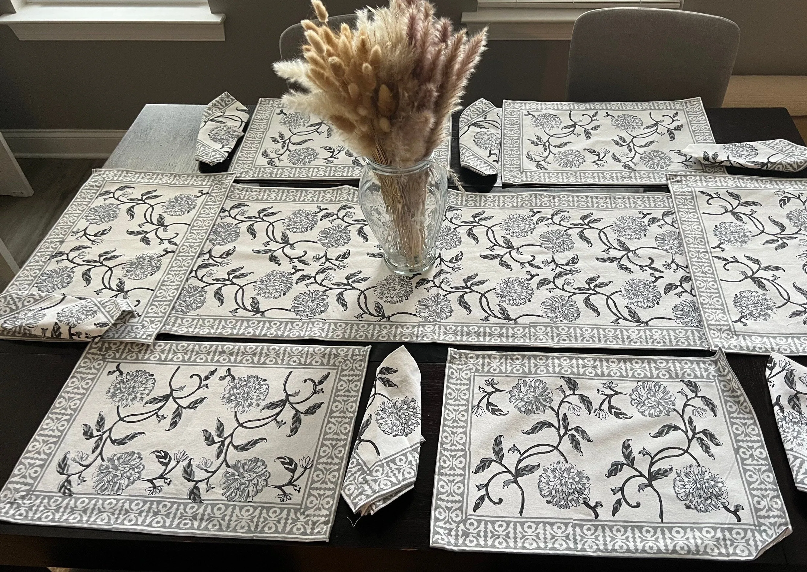 Indian Block Print Table Runner, Indian Floral Hand Block Printed Cotton Napkins, Table Mats, White and Red, Gift for Her