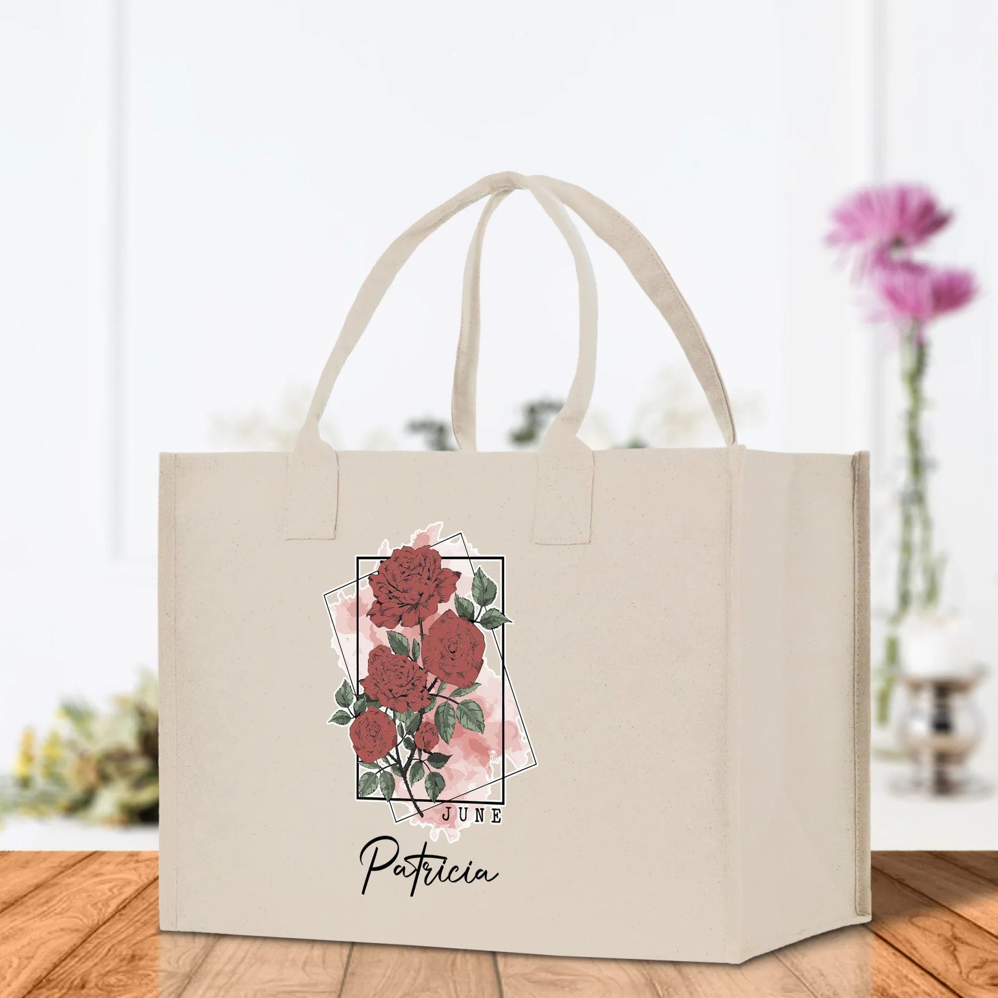 June Birth Month Flower Personalized Name Cotton Canvas Tote Bag Custom Flower Birthday Gift Bag Wedding Gift for Her Bridal Bridesmaid