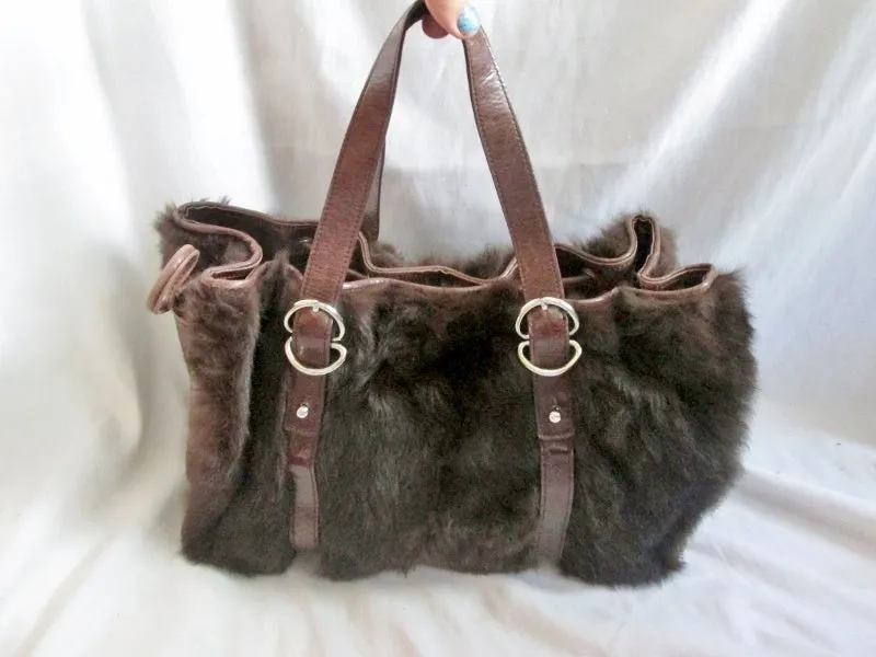 KENNETH COLE RABBIT FUR Leather Purse Tote Satchel Clutch Shoulder Bag BROWN