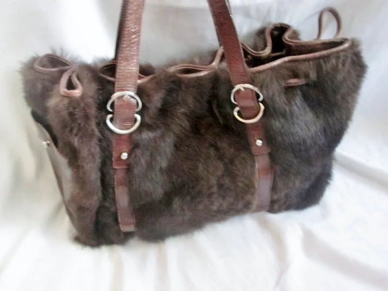 KENNETH COLE RABBIT FUR Leather Purse Tote Satchel Clutch Shoulder Bag BROWN