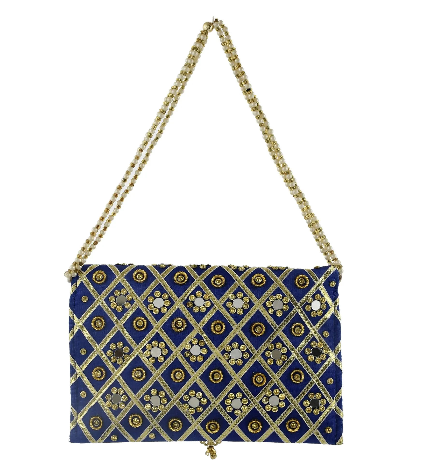 Kuber Industries 2 Pieces Silk Traditional Mirror Work Envelope Clutch Bag Purse Handbag for Bridal, Casual, Party, Wedding (Blue & Black)-KUBMART11472