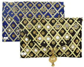 Kuber Industries 2 Pieces Silk Traditional Mirror Work Envelope Clutch Bag Purse Handbag for Bridal, Casual, Party, Wedding (Blue & Black)-KUBMART11472