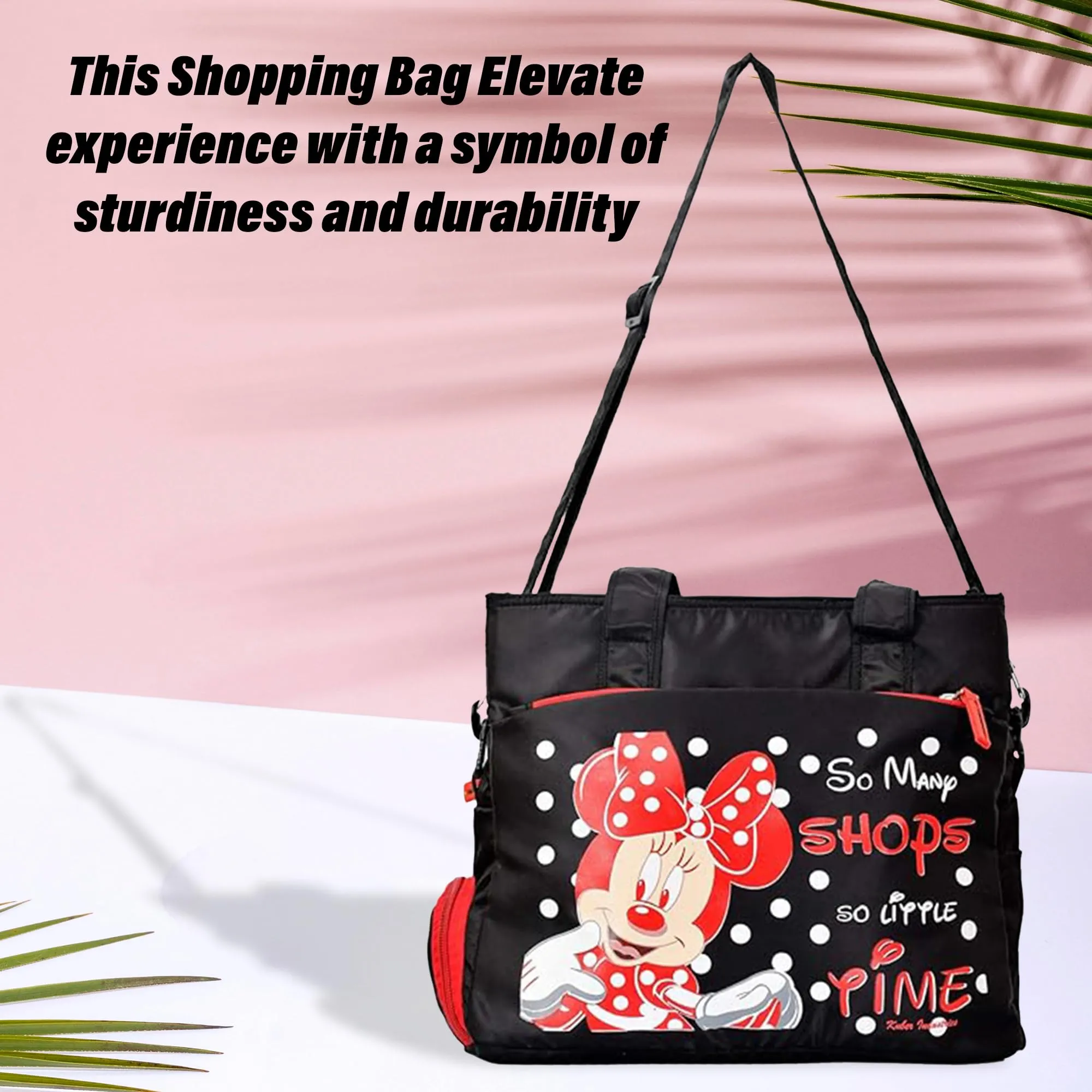 Kuber Industries Disney Minnie Shopping Bag | Grocery Handbag | 5 Zipper & 1 Bottle Compartment | Shoulder Bag with Adjustable Strap with Handle| Black