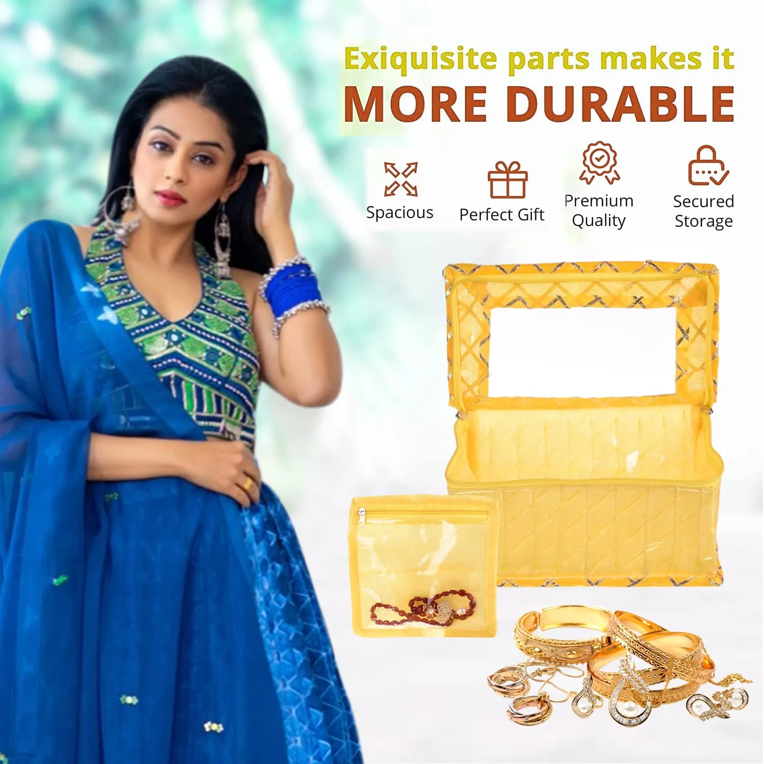 Kuber Industries Jewellery Box | PVC Laminated Gota Check Design Jewellery Kit For Woman | 10 Compartment & Pouches Cosmatic Bag with Transparent Top | Pack of 2 | Yellow