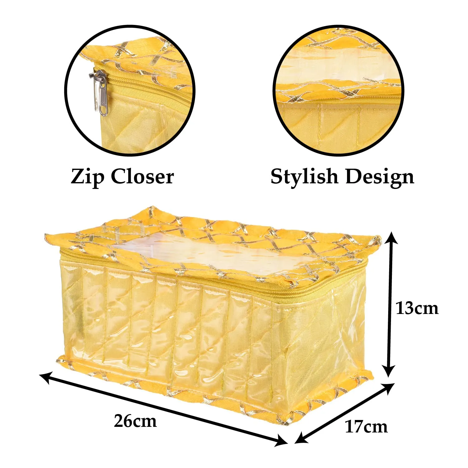 Kuber Industries Jewellery Box | PVC Laminated Gota Check Design Jewellery Kit For Woman | 10 Compartment & Pouches Cosmatic Bag with Transparent Top | Pack of 2 | Yellow