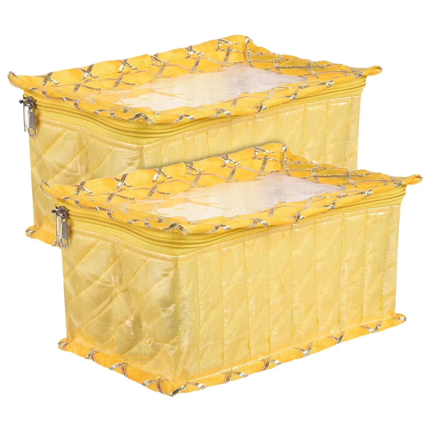 Kuber Industries Jewellery Box | PVC Laminated Gota Check Design Jewellery Kit For Woman | 10 Compartment & Pouches Cosmatic Bag with Transparent Top | Pack of 2 | Yellow