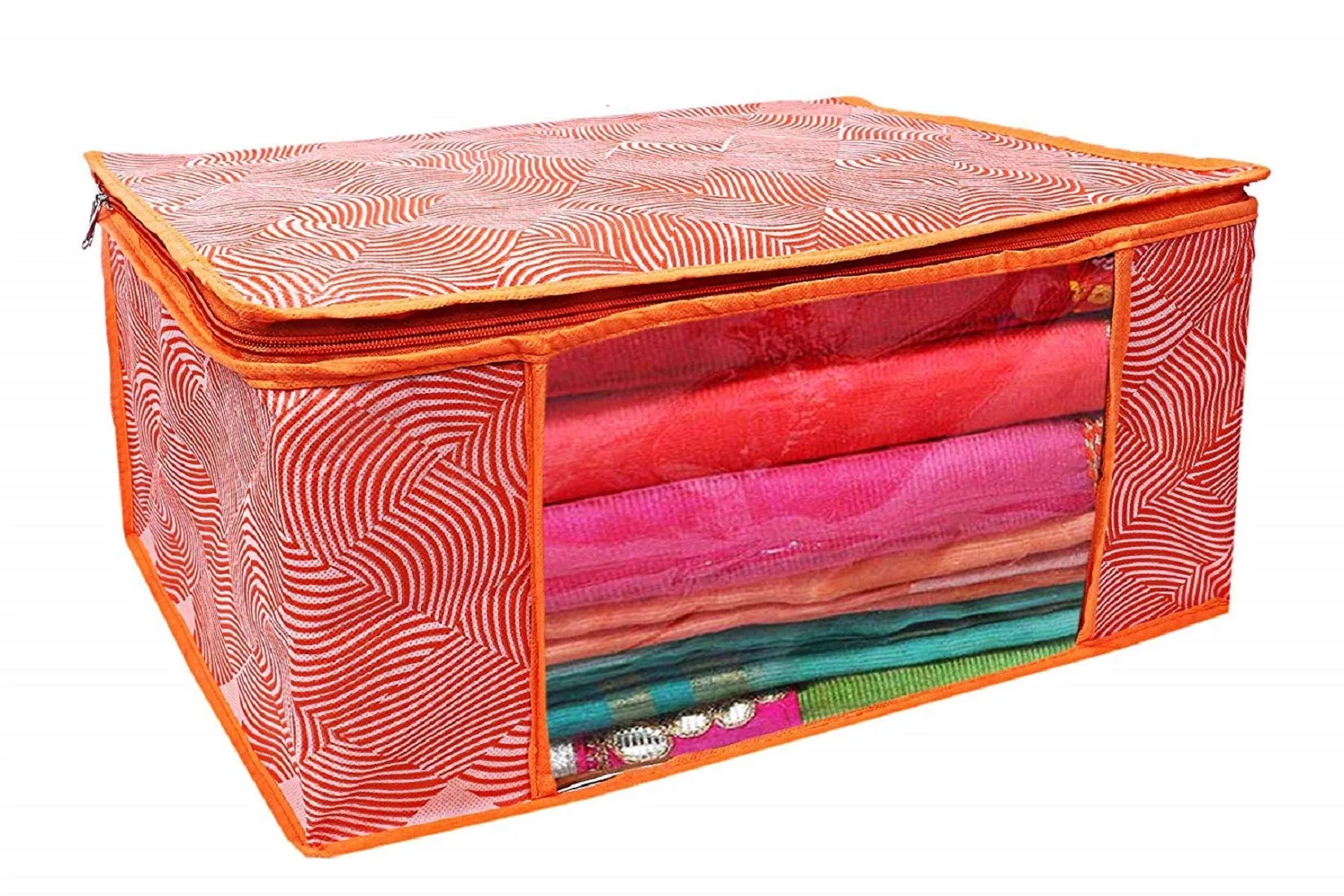 Kuber Industries Laheriya Printed Non Woven 2 Pieces Saree Cover And 2 Pieces Underbed Storage Bag, Cloth Organizer For Storage, Blanket Cover Combo Set (Orange) -CTKTC38691