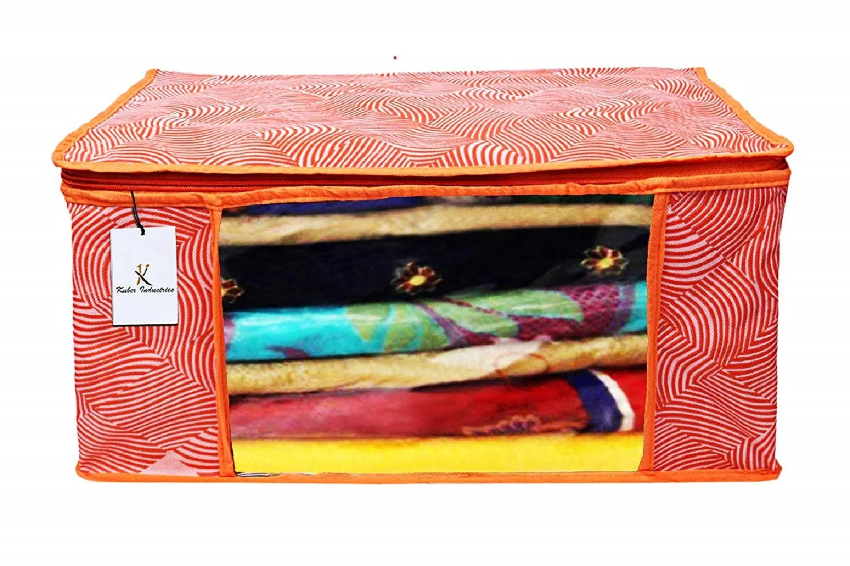 Kuber Industries Laheriya Printed Non Woven 2 Pieces Saree Cover And 2 Pieces Underbed Storage Bag, Cloth Organizer For Storage, Blanket Cover Combo Set (Orange) -CTKTC38691