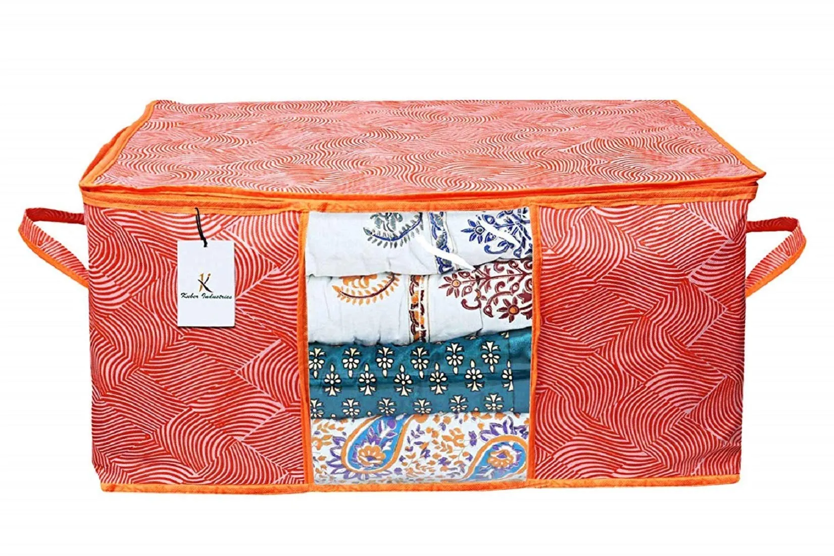 Kuber Industries Laheriya Printed Non Woven 2 Pieces Saree Cover And 2 Pieces Underbed Storage Bag, Cloth Organizer For Storage, Blanket Cover Combo Set (Orange) -CTKTC38691