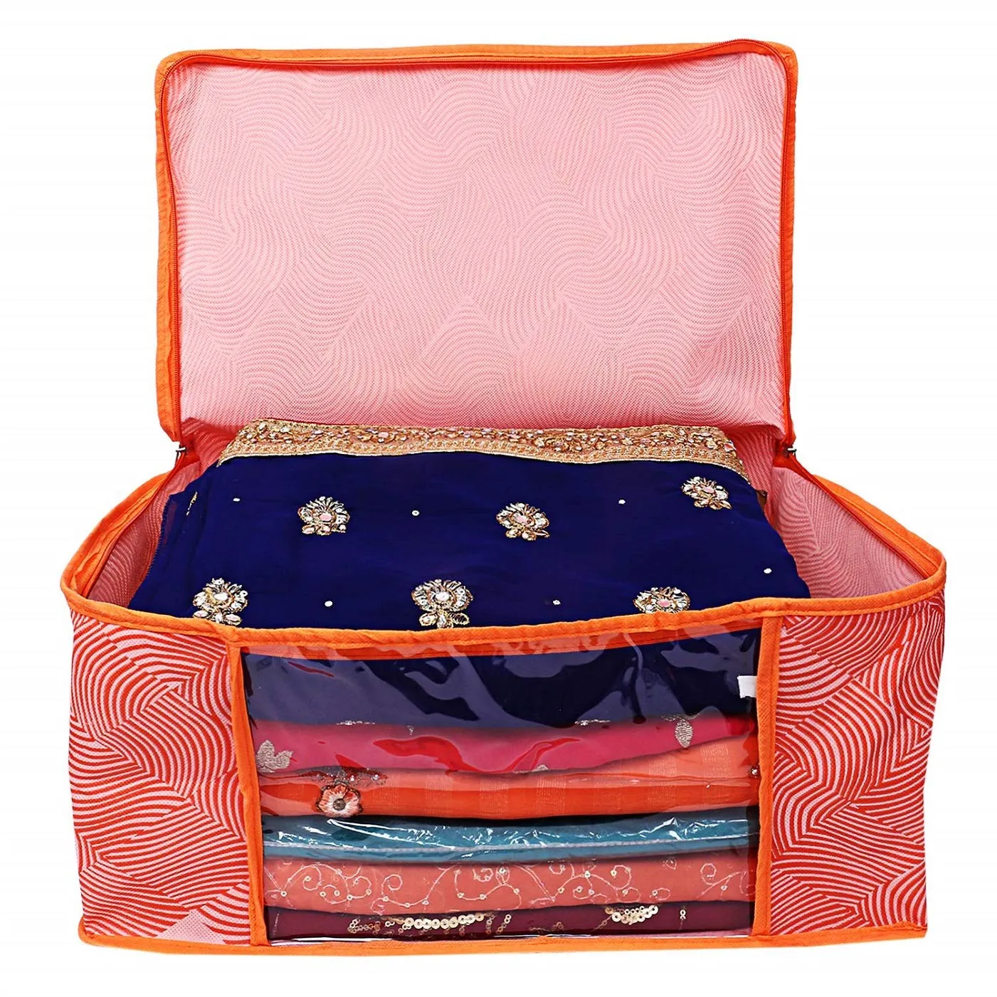 Kuber Industries Laheriya Printed Non Woven 2 Pieces Saree Cover And 2 Pieces Underbed Storage Bag, Cloth Organizer For Storage, Blanket Cover Combo Set (Orange) -CTKTC38691