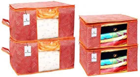 Kuber Industries Laheriya Printed Non Woven 2 Pieces Saree Cover And 2 Pieces Underbed Storage Bag, Cloth Organizer For Storage, Blanket Cover Combo Set (Orange) -CTKTC38691