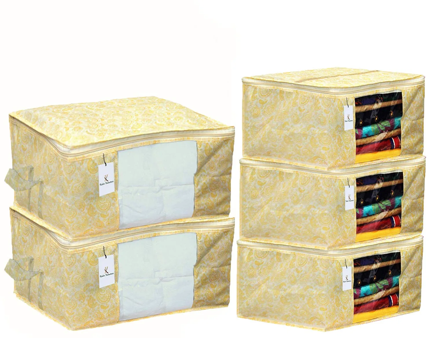 Kuber Industries Metallic Printed Non Woven 3 Pieces Saree Cover and 2 Pieces Underbed Storage Bag, Cloth Organizer for Storage, Blanket Cover Combo Set (Gold) -CTKTC38586