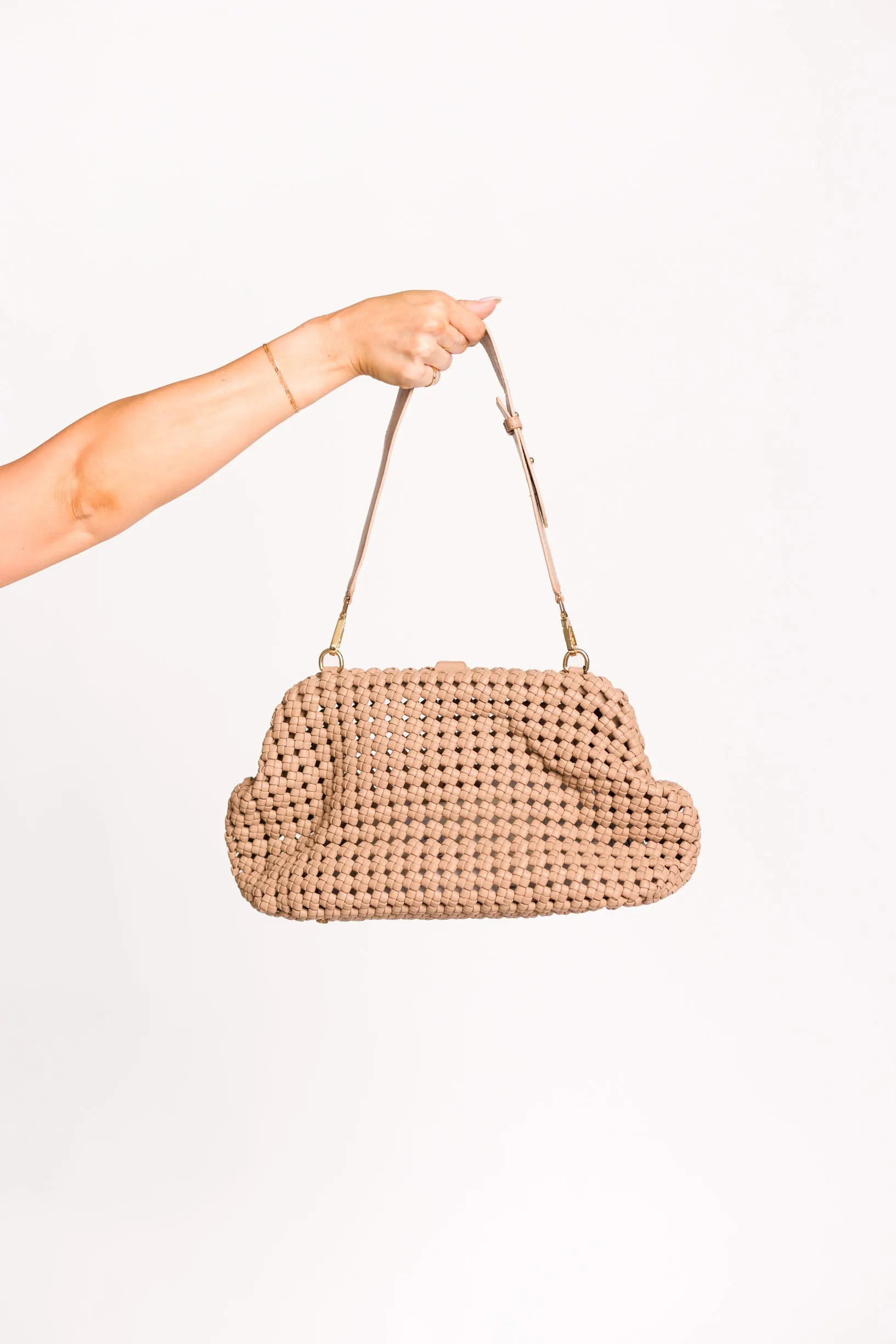 Large Braided Clutch with Strap in Taupe