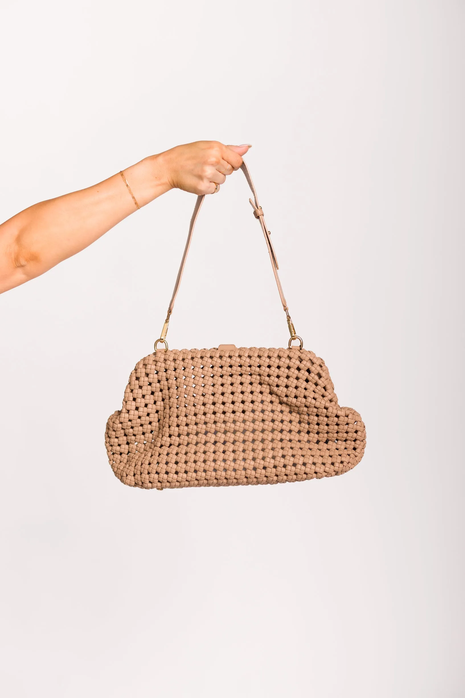 Large Braided Clutch with Strap in Taupe