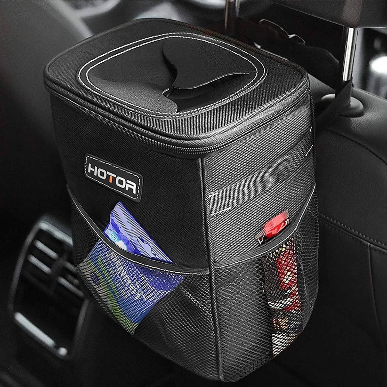 Leak-Proof Car Trash Bag with Lid & Storage Pockets - Waterproof Organizer