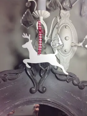 Leaping cream metal reindeer with gingham ribbon loop tree decoration