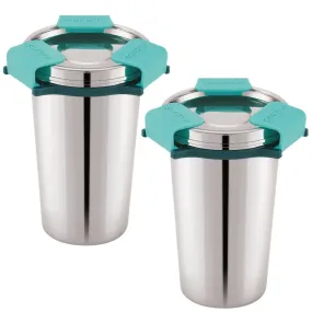 Magnus Stainless Steel Revlock Glass-Glossy-350 ml - 100% Spill-Proof Stainless Steel Tumblers | Steel Bottom and Plastic Lid with Innovative Design and Clip Lock Mechanism - Pack of 2