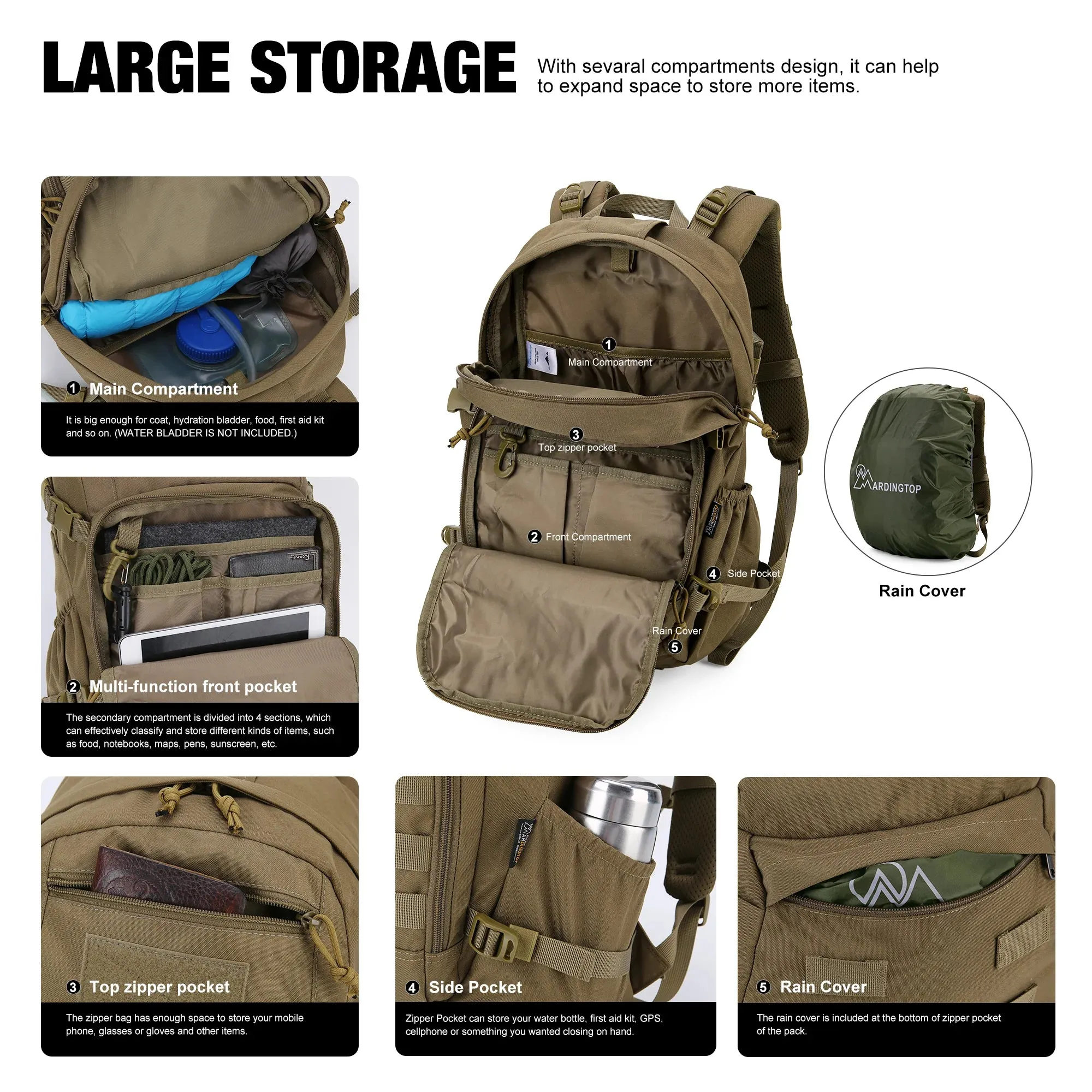 Mardingtop Small Cordura Tactical Backpack with Rain Cover 25L