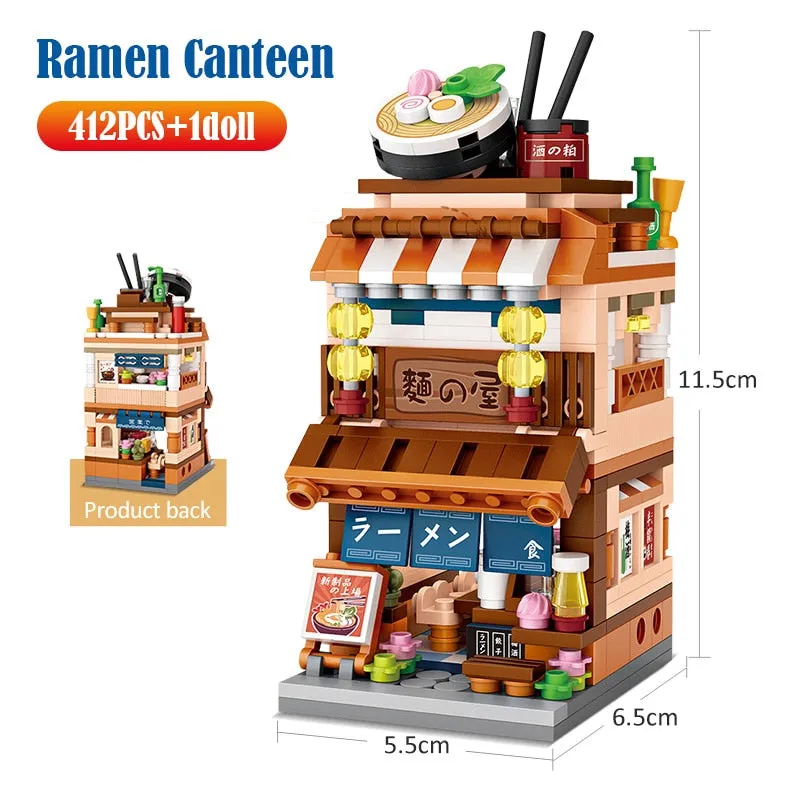 Mini City Street View Noodle Shop House Building Blocks 4 in 1 Japanese Architecture Friends Figures Bricks Toys For Children