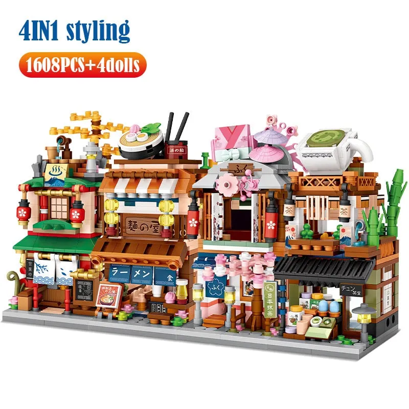 Mini City Street View Noodle Shop House Building Blocks 4 in 1 Japanese Architecture Friends Figures Bricks Toys For Children